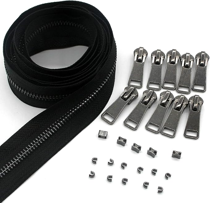 #5 Metal Zippers by The Yard Bulk 2 Yards Black Tape with 10 pcs Sliders Black Nickel Teeth Handmade Zipper for Sewing Craft Bag Backpack, Wallets, Purses Leekayer