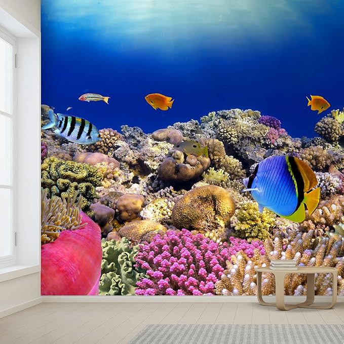wall26 Wall Sticker/Wall Mural Tropical Blue Fish Coral Reef Ocean Seascape Nature Wilderness, Not Peel and Stick, Non-Woven Wallpaper Decorative for Bedroom, Living Room,Office - 132x120 inches