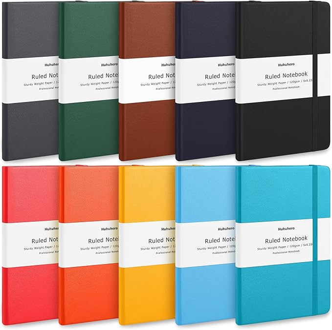 Huhuhero 10 Colors Lined Journal Notebook, A5 Hardcover Notebooks for Work, 120GSM Thick Paper, 128 Pages College Ruled Notebook for Writing Business Journaling, 5"×8.25"
