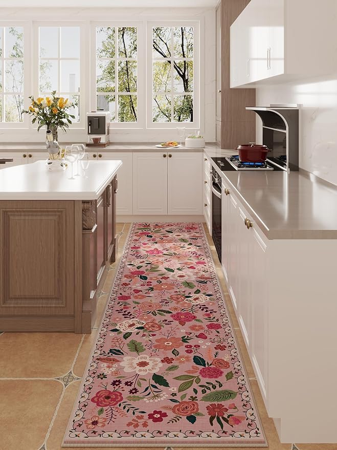 Rugcomf Runners for Hallways Kitchen Runner Rug Non Slip 2'x 10' Long Washable Rugs with Rubber Backing Soft Floral Carpet Runner for Hallways, Kitchen, Laundry, Bedroom, Bathroom(Pink)