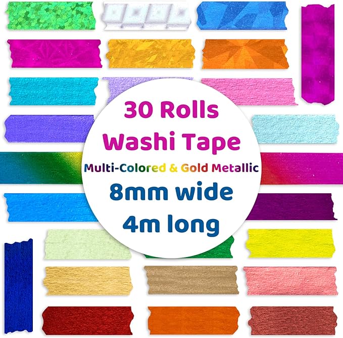 30 Rolls Washi Tape,Multi-Colored & Gold Metallic Washi Masking Tape - 8mm x 4m Rainbow Paper Tape for DIY Crafts (Mix)