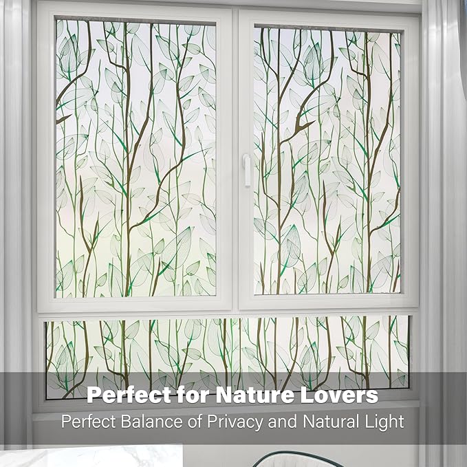 Donox Frosted Glass Window Film Heat Control UV Blocking, Static Cling Reusable Home Bathroom Door Window Privacy Film, Green Leaf Pattern Window Covering with Installation Tool, 17.5 in x 6.5 feet