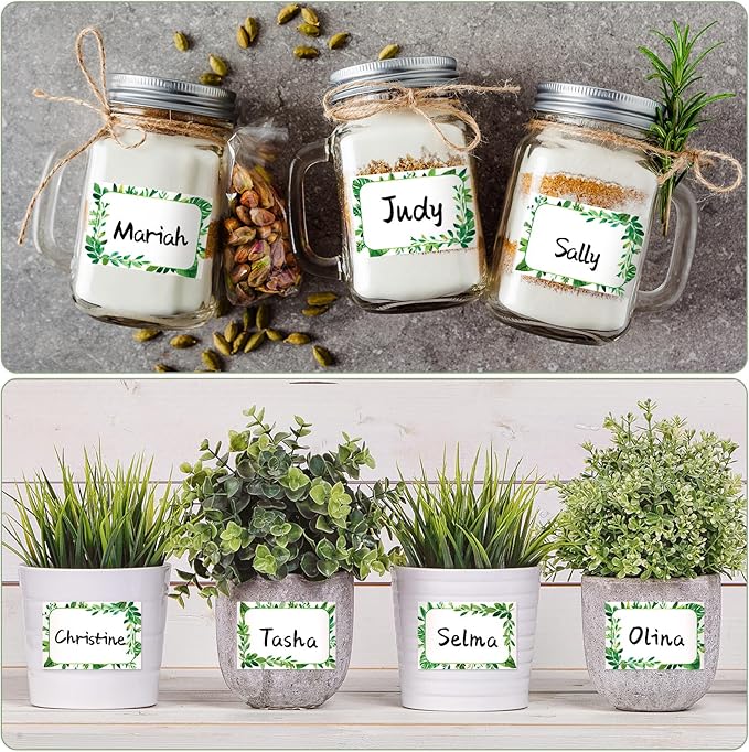 240 Pcs Greenery Name Tags Stickers Summer Green Leaves Border Tag Labels Party Name Tag Personalized Tags for Themed Party Office Home, 3.5 x 2.4, 6 Styles
