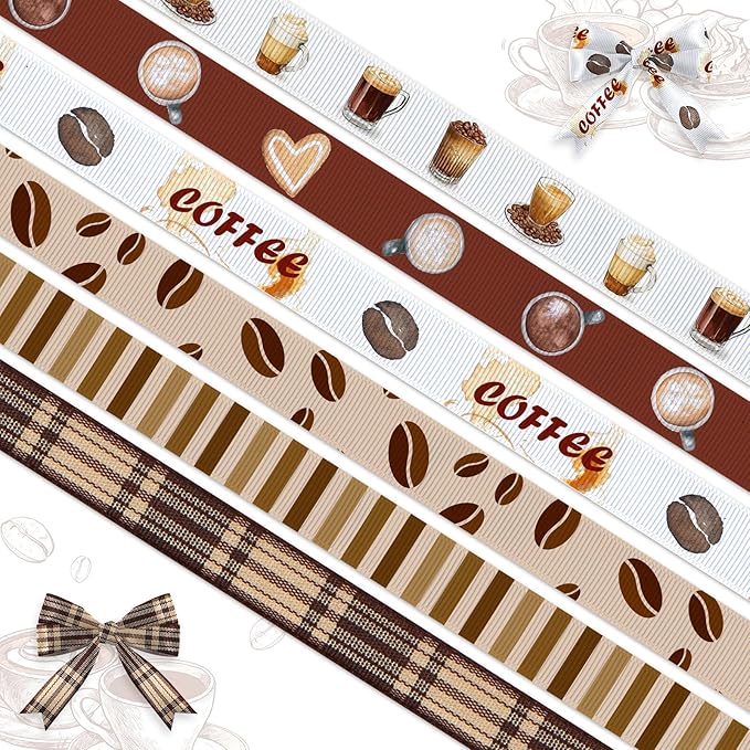 6 Rolls 18 Yards Fall Coffee Ribbons for Gift Wrapping DIY Crafts 3/8 Inches Brown Plaid Grosgrain Ribbons Coffee Beans Ribbon for Wreath Hair Bows Home Party Decoration