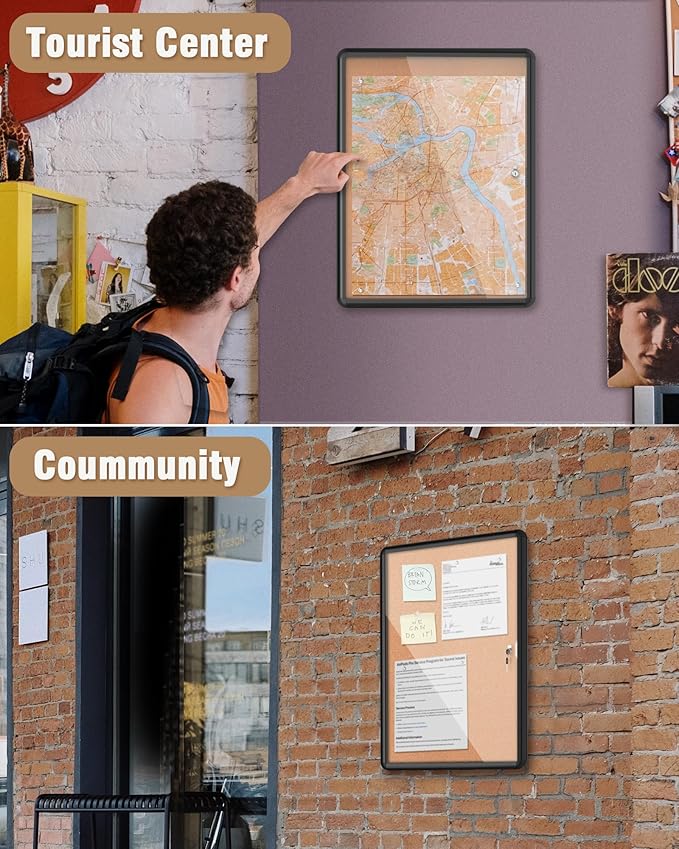 26"x20" Enclosed Bulletin Board, Lockable Weather-Resistant Aluminum Cork Noticeboard for School & Office, Black Frame w/Cork