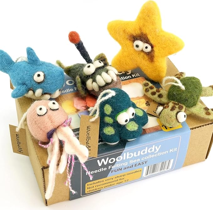 Woolbuddy Needle Felting Kit - Sea Animals for Beginners, Adults & Kids, Includes Wool Roving, Felting Needles, Pad, and Instructions