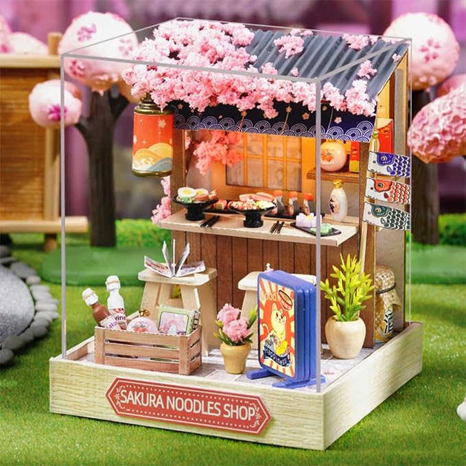 DIY Miniature House Kit, Mini House Building Kit with LED & Dust Cover, DIY Wooden Dollhouse Miniature Kit for Adults Teen, Wooden Crafts Lovely Dollhouse Kit, Sakura Noodle Shop