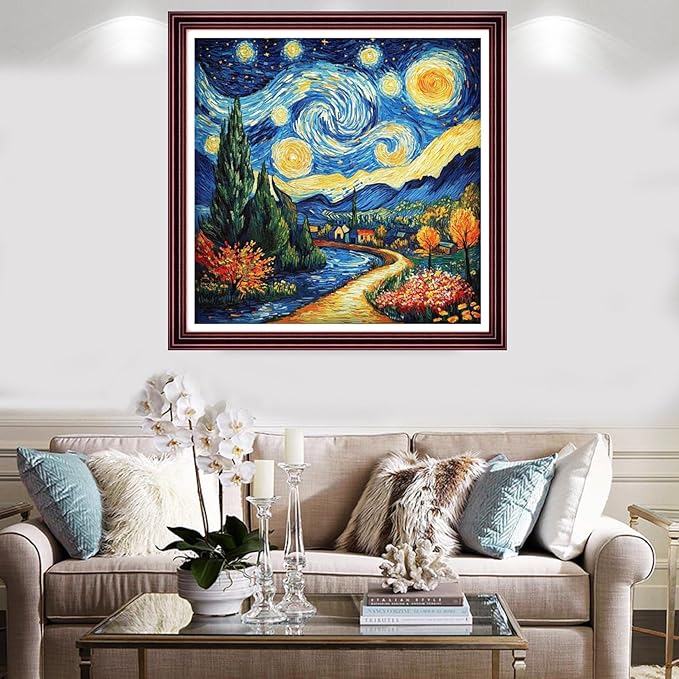 Redxing Stamped Cross Stitch Kits Full Range of Embroidery Starter Kits- Needlepoint Counted Cross Stitch Kits for Beginner Adults 11CT Printed Embroidery Kit-Van Gogh Starry Sky Garden 18x18 inch