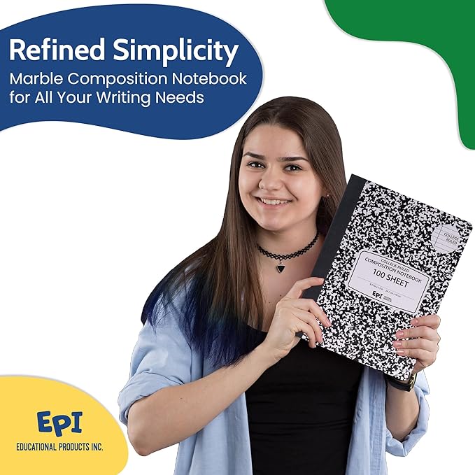 EPI Marble Hardcover College Ruled Composition Notebook | 200 Pages (100 Sheets), 9.75 x 7.5 in, Sturdy Sewn Binding | School, Office, Journaling, Notes - 48 Pack
