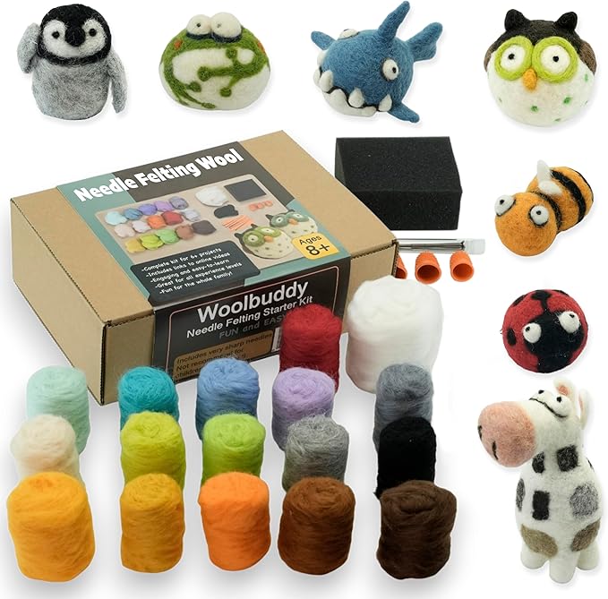 Woolbuddy Needle Felting Wool Kit – Starter Set to Make 6 Cute Animals – Includes Wool, Pad, Needles & Instructions for Beginners and Adults