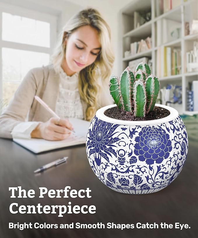 PieceRelax 3D Puzzle Planter - Oriental Floral Ornament - Small Round Plant Pots with Drainage, Home Decor Flower Pots for Indoor Cactus, Succulents Pots [K1101]