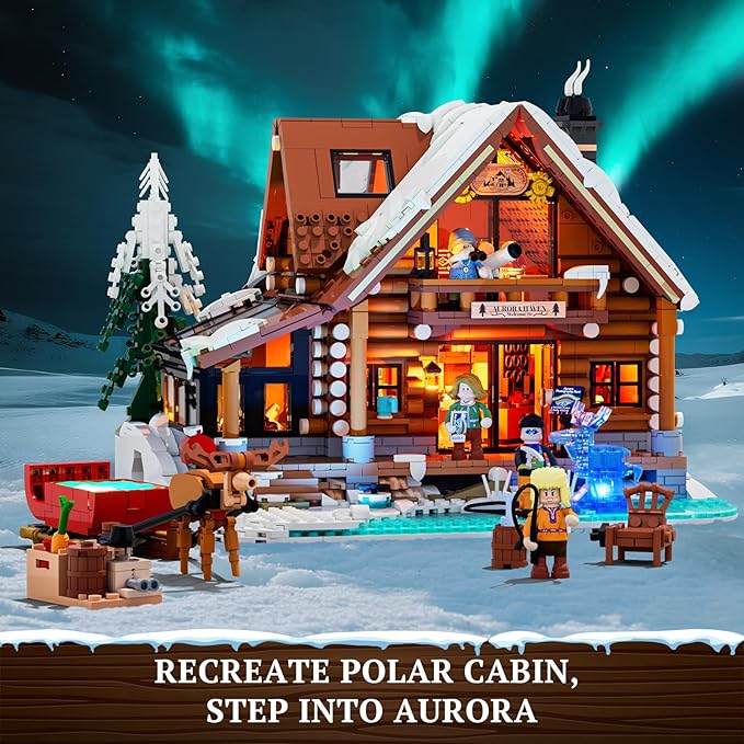 Aurora-Cabin Christmas Lighting-Building-Bricks Set - 2425 Pcs Retro House Winter Lodge LED Light Construction Building Christmas Village Model Set for Adults and Families