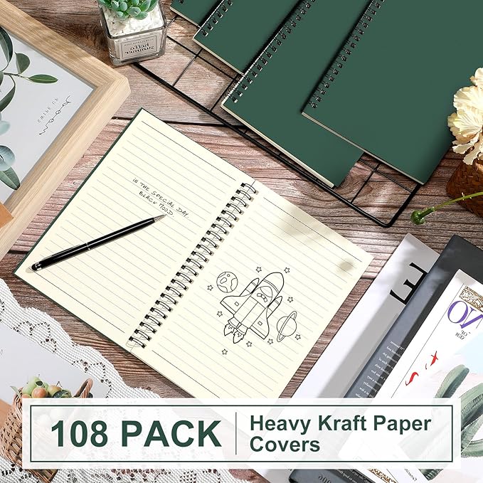 Yahenda 108 Pcs Spiral Notebook Bulk A5 Journal Lined 8.3'' x 5.5'' Writing Composition Paper Small Notepad Subject Notebook for Students Office Business Back to School Supplies (Deep Green)