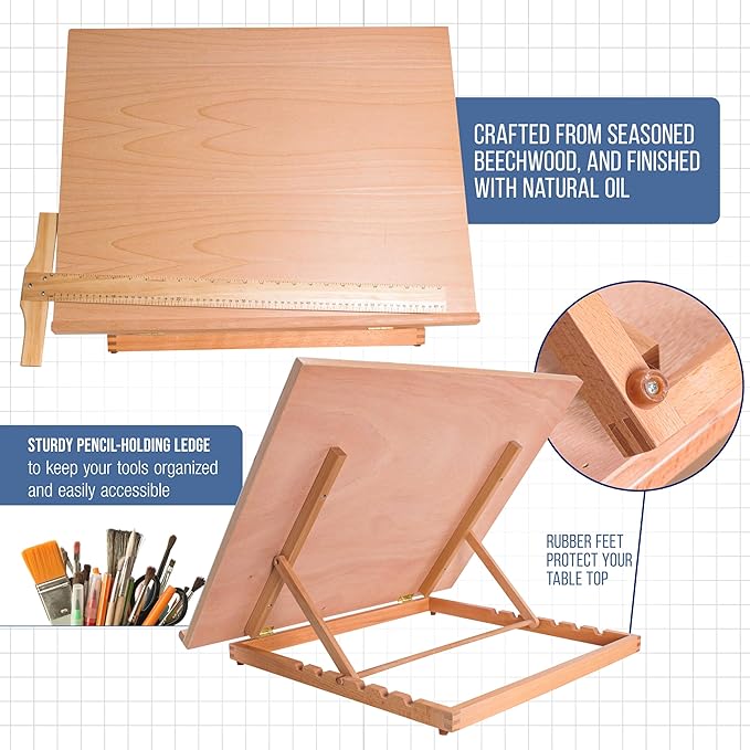 U.S. Art Supply X-Large 26" x 21" Adjustable Wood Art Drawing Board - 6 Angles, Beechwood Construction, Pencil Ledge, 24" T-Square - Ideal for Design, Drafting & Architecture Work