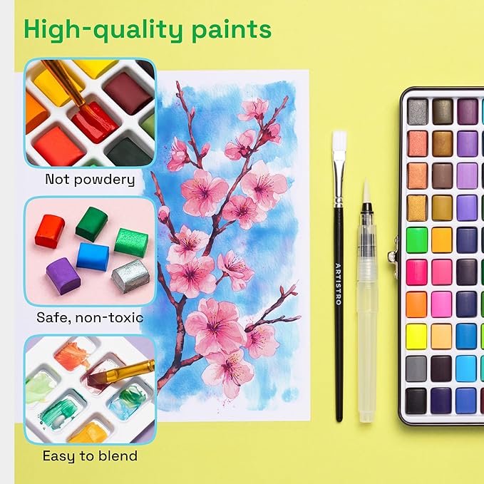 ARTISTRO 50 Watercolor Paint Set, Vivid Colors in Portable Box, Palette set. Perfect Travel Watercolor Set for Artists, Amateur Hobbyists and Painting