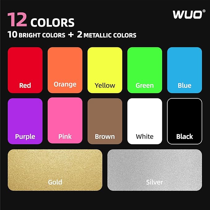 WUO Window Chalk Markers,12 Colors Car Markers,15mm 3-In-1 Jumbo Wide Nib, Dust-Free & Non-Toxic - Erasable Blackboards Marker For Rock Painting, Poster, Stone, Ceramic, Glass