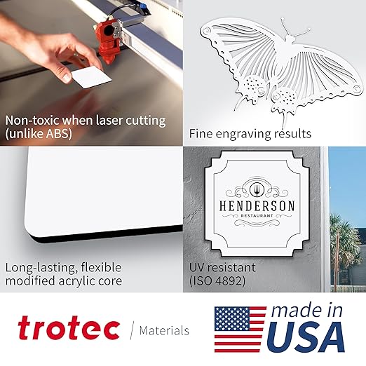 Trotec TroLase | 12"x24"x1/16", 4 Pcs | White/Black | 2 Ply | Modified Acrylic | Laser Engraving Double Color Plastic Sheet | Engraving Blanks for Laser, Saw, Guillotine | Made in USA