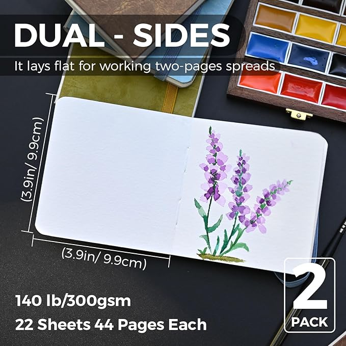 Funto Watercolor Journal 2-Pack, 3.9x3.9, 44 Pages Each,Cold-Pressed 100% Cotton, Pearlescent PU Leather Brown Hard Cover, Art Supplies for Watercolor