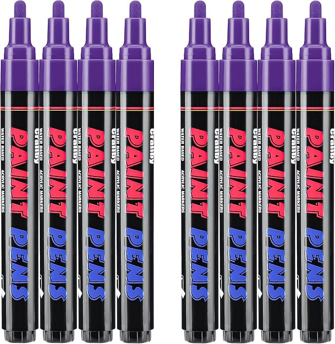 Purple Paint Pens Paint Markers - 8 Pack Permanent Quick Dry Waterproof Marker Pens for Rocks Wood Fabric Plastic Canvas Glass Mugs Metal Tire Stone