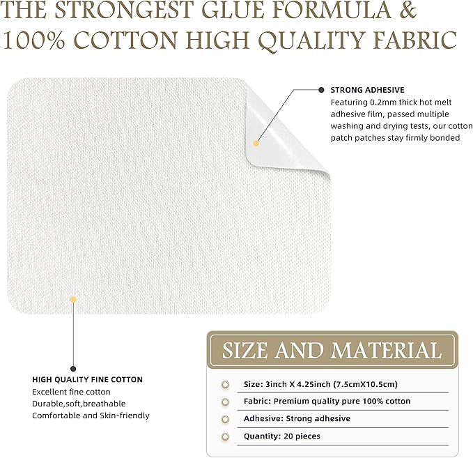 KING MOUNTAIN Iron-on Repair Patch 20 Pcs Pack,100% Cotton Iron-on Repair Patch,3" x4-1/4 with Back Glue Fabric Repair Kit,Repair Denim, Clothes and Fabric (White1.0