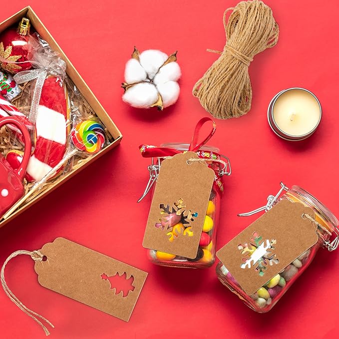 Aneco 150 Pieces Christmas Paper Gift Tags Brown Kraft Tags Hang Labels Christmas Tree Snowflake Reindeer Design with 30 Meters Jute Twine for Christmas DIY Wrapping Favor Holiday Present