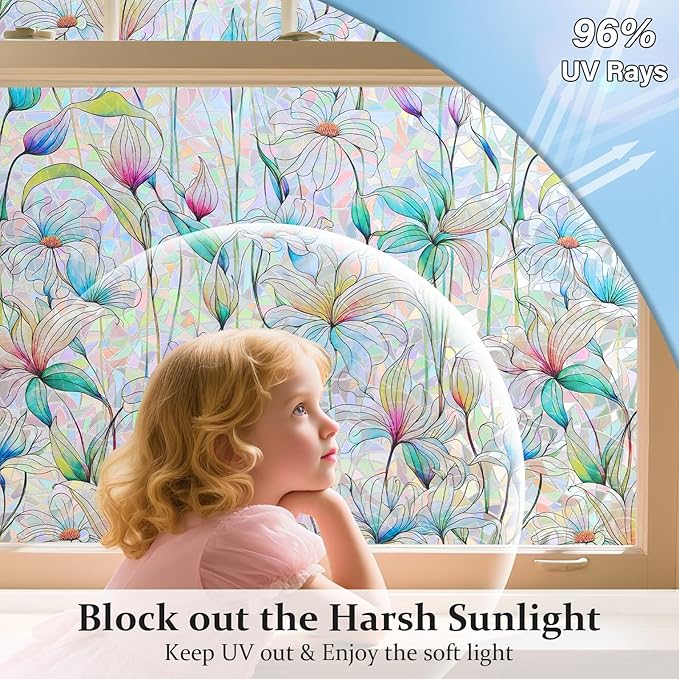 Donox Decorative Window Privacy Film, 3D Floral Stained Glass Window Film Static Cling Rainbow Privacy Sticker for Glass Door Heat Control Anti UV, No Adhesive (Magnolia,23.6 x 78.7 inches)