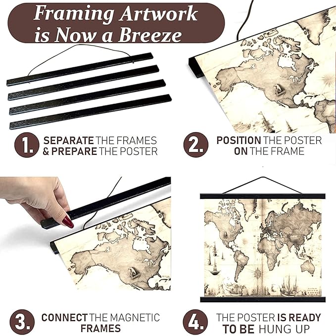 DACRI HOME 32" Wide Magnetic Poster Hanger Frame - 32x24 32x48 32x40 Wooden Frame, Premium Teak Wood, Strong Magnets, Quick Wall Hanging for Poster, Map, Picture, Print, Scroll (32 Inch, Black)