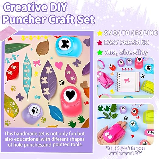 Creative Kids DIY Puncher Craft Set, Paper Hole Punches for Kids, Craft Hole Punch Shapes Set, Shape Cutters for Crafts, Craft Scissors and Hole Punch Set Scrapbook Supplies