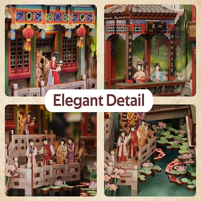 Tonecheer DIY Book Nook Kit for Adults, Wooden 3D Puzzle Bookend Bookshelf Insert Decor, Chinese Booknook Miniature House Kit with Dust Cover and Body Motion Sensor LED Light (Dream of Red Mansions)