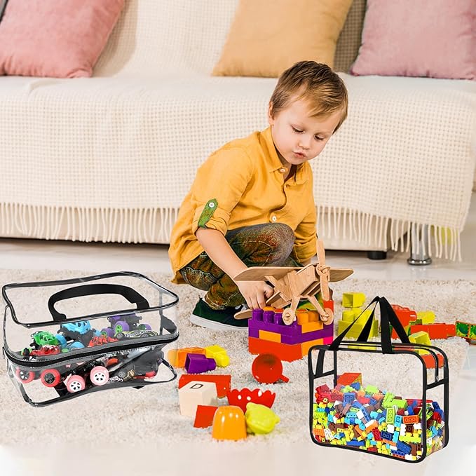 6 Packs Large Toy Storage Bags with Labels, Reusable Clear PVC Board Game Storage, Travel Waterproof Organizer Bags with Zipper for Building Blocks, Puzzle, Kids Books(3 large & 3 Extra Large)