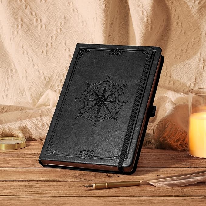 AHGXG Thick Journal Lined Notebook for Men - 320 Numbered Pages A5 College Ruled Notebook for Writing, 100gsm Paper, Vintage Leather Hardcover, for Women Work Office School, 5.75'' X 8.38''- Black