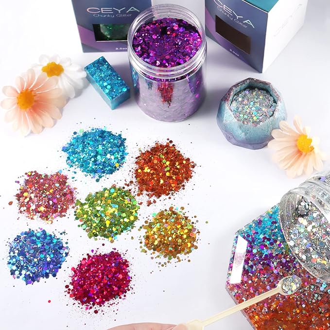 Ceya Holographic Chunky Glitter, 4.9oz/ 140g Silver Craft Glitter Powder Mixed Chunky Fine Flakes Iridescent Nail Sequins for Nail Art, Hair, Epoxy Resin, Tumblers, Slime, Painting, Festival Decor