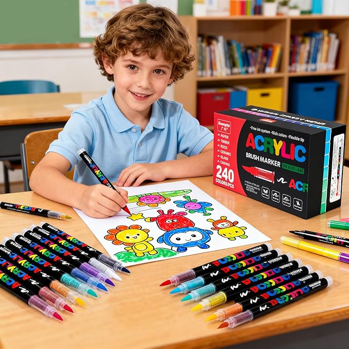Acrylic Paint Markers Pens, 72 Vivid Colors Acrylic Markers Set,Direct Liquid Type, Stackable Color, Odorless Soft Head，Markers for School，Tooli Art ，Fabric & Creative Crafts (72)
