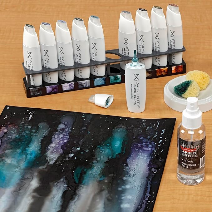Artfinity Alcohol Ink Throwing Shade Set of 10 Colors (25 ml) with Free Acrylic Stand - for Painting or Alcohol Marker Refill Ink, Acid-Free, Fast-Drying, Permanent, Transparent, Swatch Template
