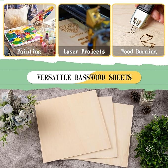 6 Pack 16 x 16 x 1/4 Inch-6mm Thick Basswood Sheets for Crafts Unfinished Plywood Sheets Boards Square Crafts Wood Sheets for DIY Laser Projects, Wood Burning, Engraving, Staining, Architectural Model