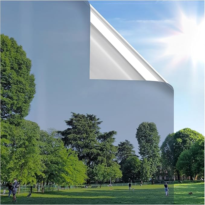 rabbitgoo Window Privacy Film One Way Window Tint for Home, Removable Reflective Heat Sun Blocking Anti UV Glass Door Covering, Mirror Tinting Film House Office, 35.4 in X 13.1 Feet, Silver