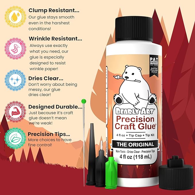 Bearly Art Precision Craft Glue - The Original - 4fl oz - Tip Kit Included - Dries Clear - Metal Tip - Wrinkle Resistant - Flexible and Crack Resistant - Strong Hold Adhesive - Made in USA