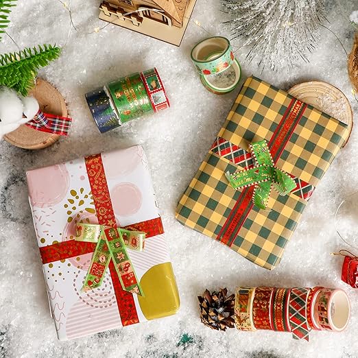 16 Rolls Christmas Washi Tape Holiday Masking Tape 4 Sizes Red Green Christmas Wrapping Tape Glod Foil Decorative Tape for Christmas Scrapbook Journal DIY Craft Gift Wrapping（Christmas