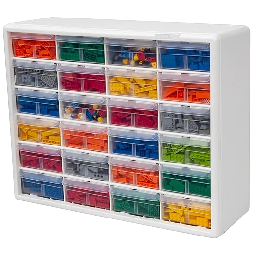 Akro-Mils 24-Drawer Plastic Drawer Storage Cabinet for Garage Organization, Bead Organizer, Building Bricks Storage, Teacher Toolbox, Makeup Organizer, 20-Inch W x 6-Inch D x 16-Inch H, 10124 White