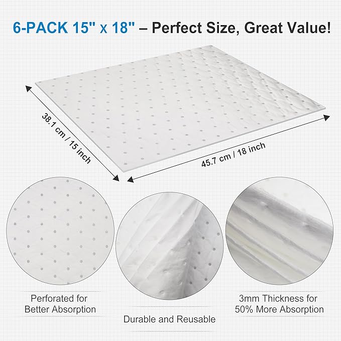 AAwipes Oil Only Absorbent Pads Mat Pre-Grade 3MM Thicker More Absorption for Garage, Car, Truck, Motorcycle - White 6 Pack 15" X 18" OW1518-6S