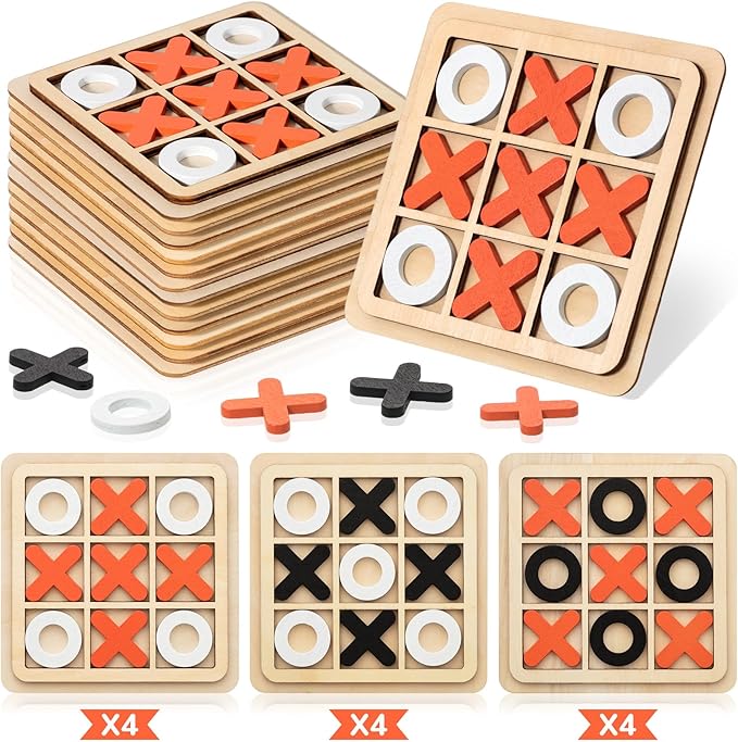 Libima 12 Pcs Wooden Tic Tac Toe Game Mini Family Board Games Classical Puzzle Chess Tabletop Teaches Strategy & Focus, Gifts for Halloween/Road Trip/Travel/Christmas Strategy Toys(Classic Color)
