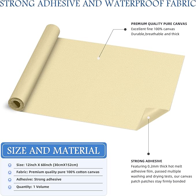 KING MOUNTAIN Canvas Iron on Patch,12"×60",Waterproof 100% Cotton Fabric Repair Patch,Used for Various Sofa,Tent,Clothes,Seats,Suitcases (Beige3.0,Waterproof)