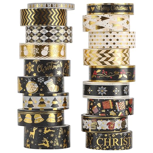 18 Rolls Christmas Washi Tape Holiday Masking Tape Black Christmas Wrapping Tape Glod Silver Foil Decorative Tape for Christmas Scrapbook Journal DIY Craft Gift Wrapping（Xmas Black