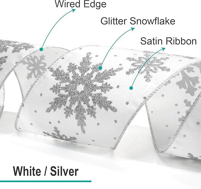 CT CRAFT LLC White Satin with Silver Snowflake Wired Ribbon 4 Inch x 10 Yards for Christmas Home Decor Tree Topper Bow Gift Wrapping DIY Crafts Wreath Garland