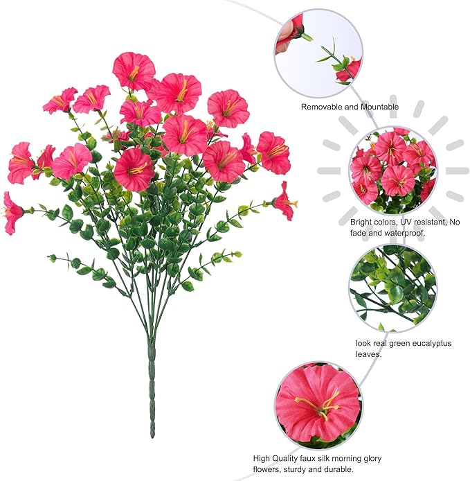 Fake Plants Artificial Flowers for Outdoor Outside Summer Decoration, 12 Bundles Faux Flowers Silk Hot Pink Morning Glory with Eucalyptus Look Real UV Resistant for Planter Front Door Porch Yard Patio
