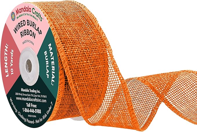 Mandala Crafts Orange Burlap Wired Ribbon 1.5 Inches Wide Jute Ribbons for Crafts - 10 Yds Roll Rustic Burlap Wrap Trim Ribbons for Wreaths Bows Party Decoration