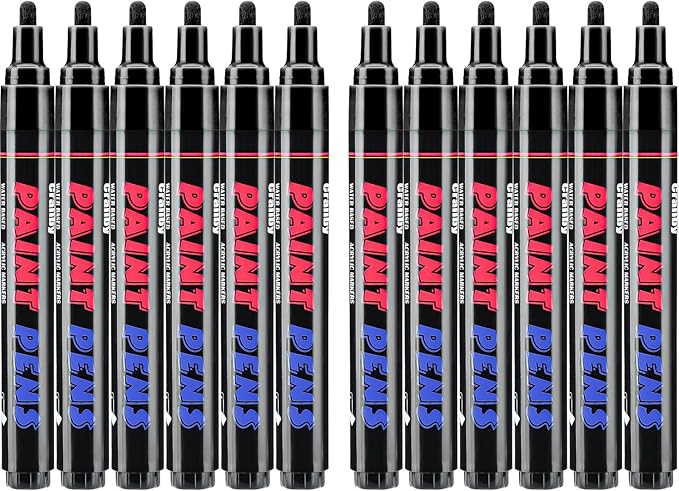 Black Paint Pens Paint Markers - 12 Pack Permanent Quick Dry Waterproof Marker Pens for Rocks Wood Fabric Plastic Canvas Glass Mugs Metal Tire Stone