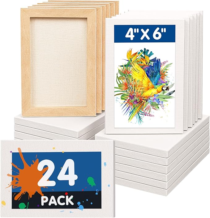 FIXSMITH Mini Stretched Canvas for Painting - 24 Pack 4 x 6 Inch, 2/5” Profile Small Canvases, 100% Cotton Little Blank Canvas, Home Decor Project, Art Supplies for Acrylic Oil Painting