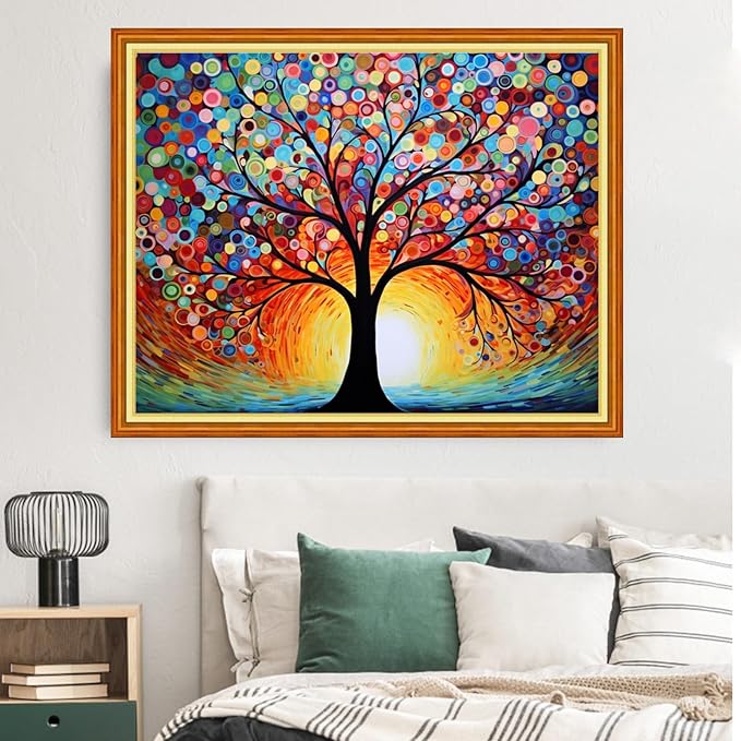 Dimxvean Stamped Cross Stitch Kits,Cross Stitch Kits for Adults Beginners,Embroidery Kits Full Range of Cross Stitch Stamped Kits Needlepoint Kits Cross Stitch Patterns-Color Moonlight Tree 16x20 inch