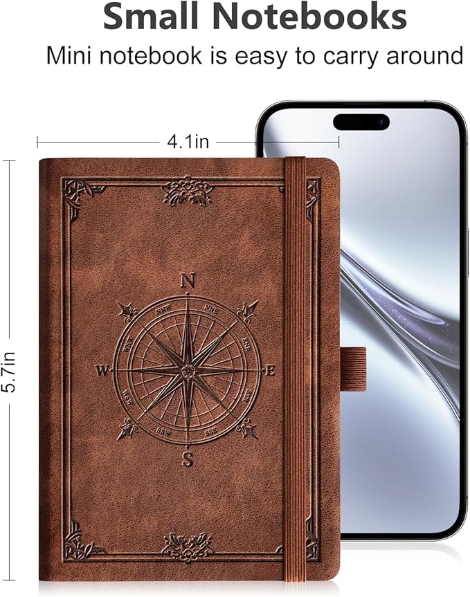 AHGXG Small Blank Pocket Journal Notebook for Men - 256 Numbered Pages B6 Mini Journal, Vintage Soft Leather Hardcover, 80gsm Paper, for Women Work Office School, 4.1'' X 5.7''- Brown
